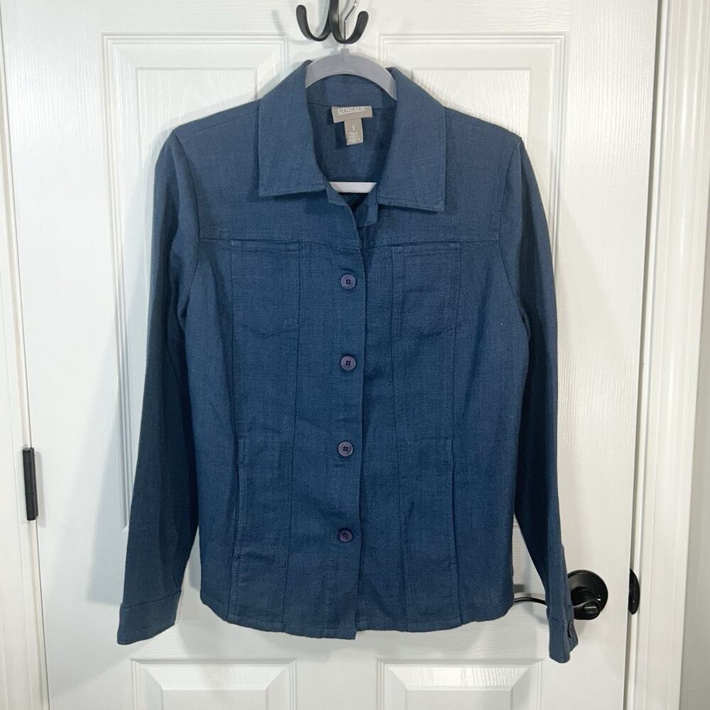 Chico's Linen Blend Button Front Jacket Blue Size 1 Medium